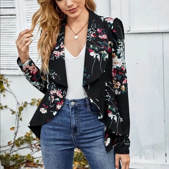 Jackets & Blazers - Waterfall shawl collar dark floral print blazer